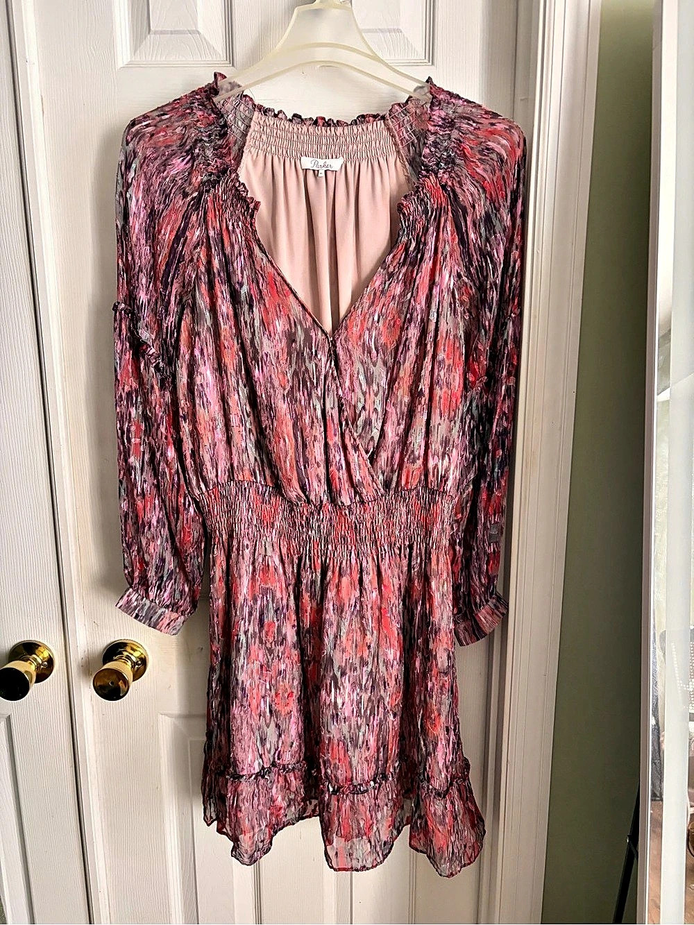 Parker abstract print mini dress in pink and red silk. XL